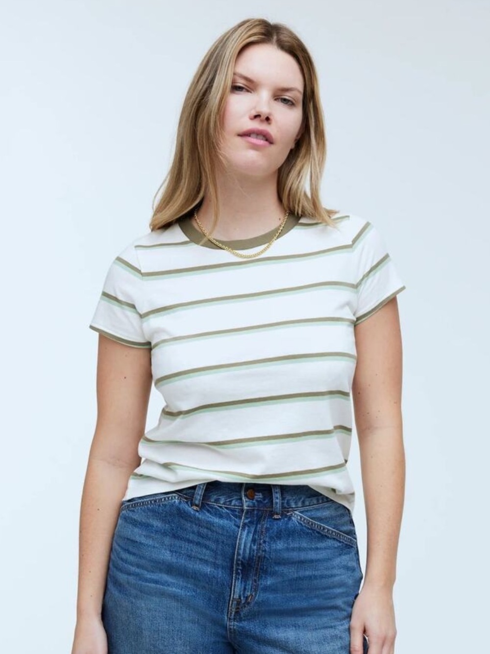 Madewell White Tee with Olive / Green Stripes Size Medium